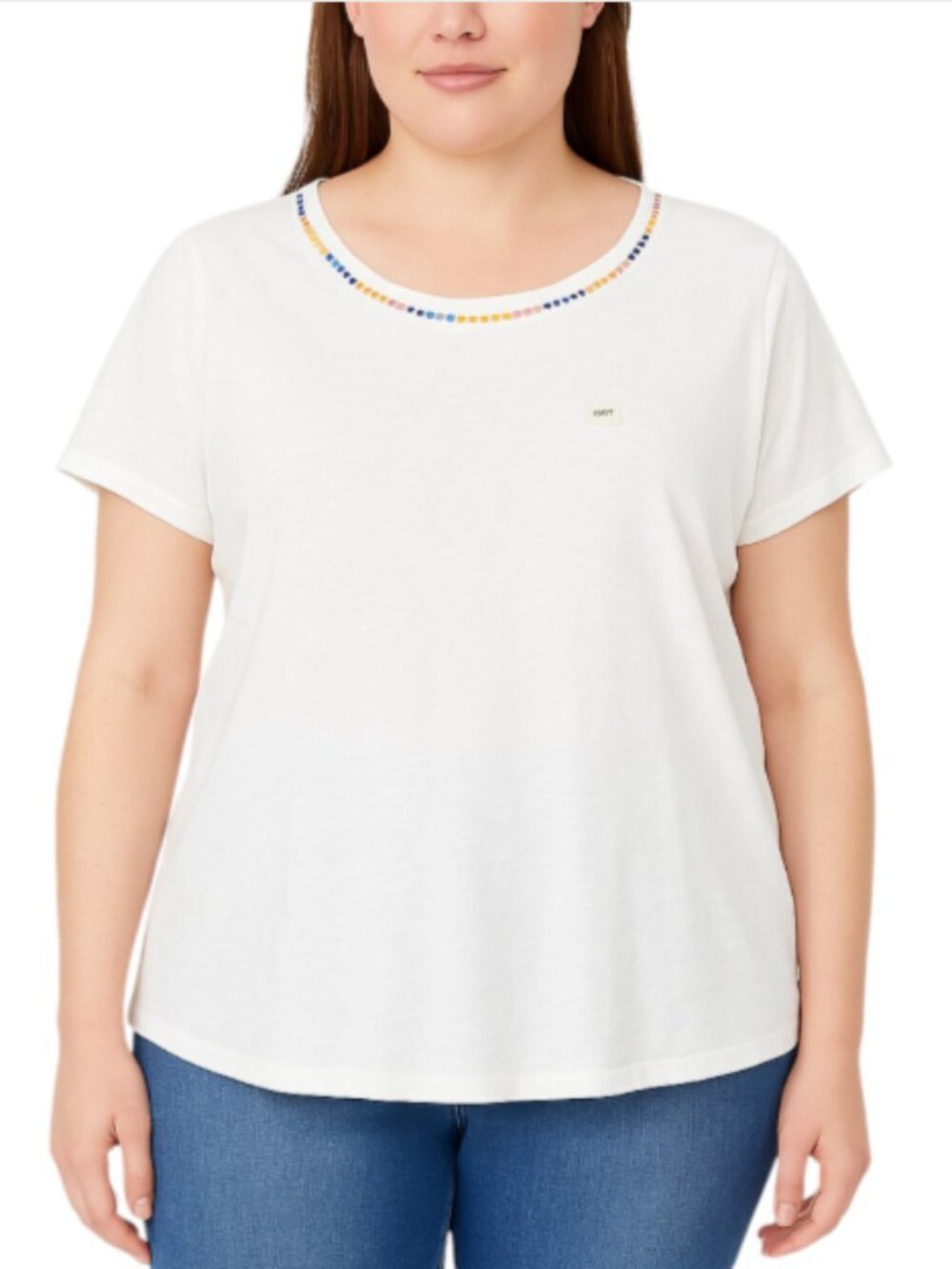 NEW LOFT X-Large 100% Cotton T-Shirt Semi-Sheer Embroidered Neckline Athleisure